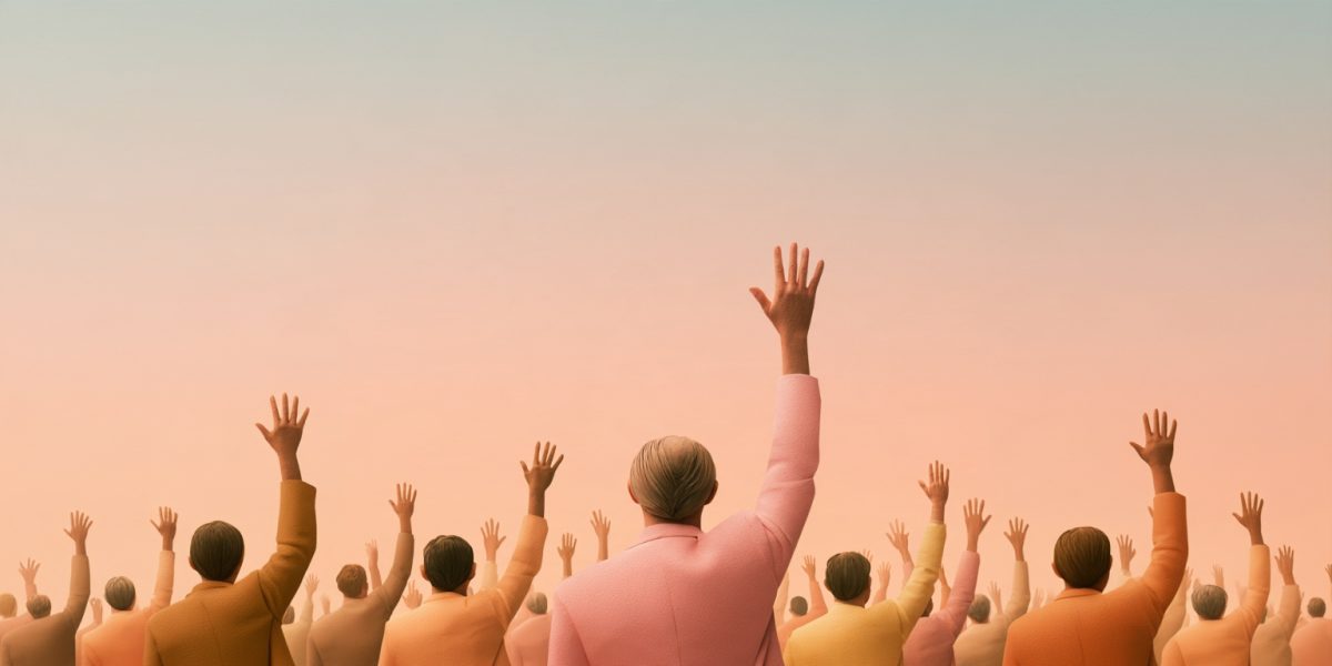 Une foule vue de dos, mains levées comme lors d’une enchère, sous un ciel pastel